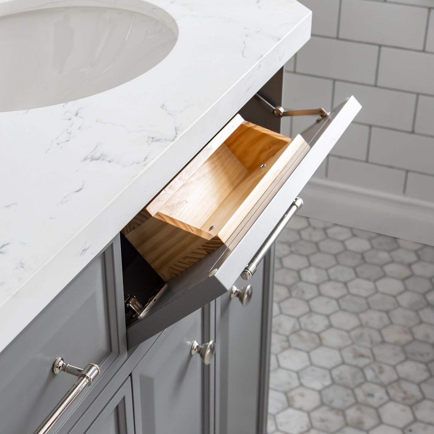 Palace 60 in. W Bath Vanity in Cashmere Grey with Quartz Vanity Top with White Basin | Water Creation