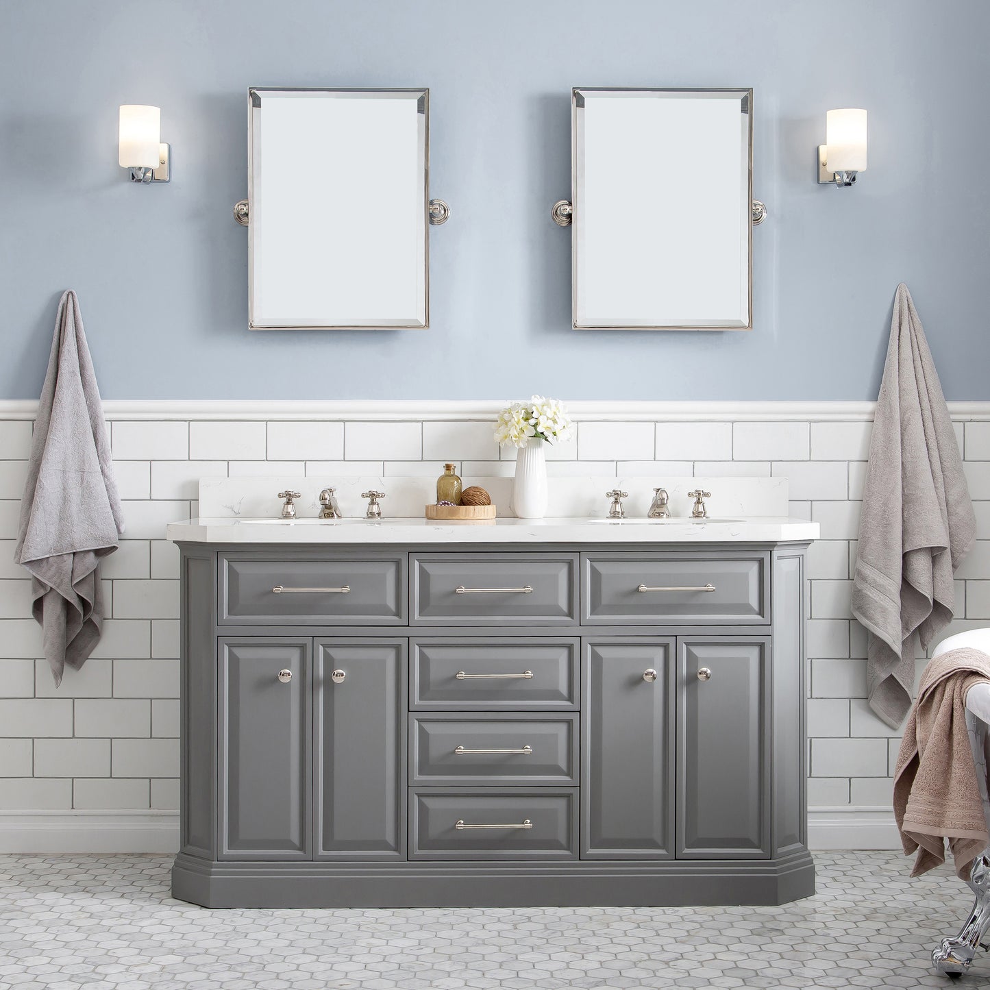 Palace 60 in. W Bath Vanity in Cashmere Grey with Quartz Vanity Top with White Basin | Water Creation