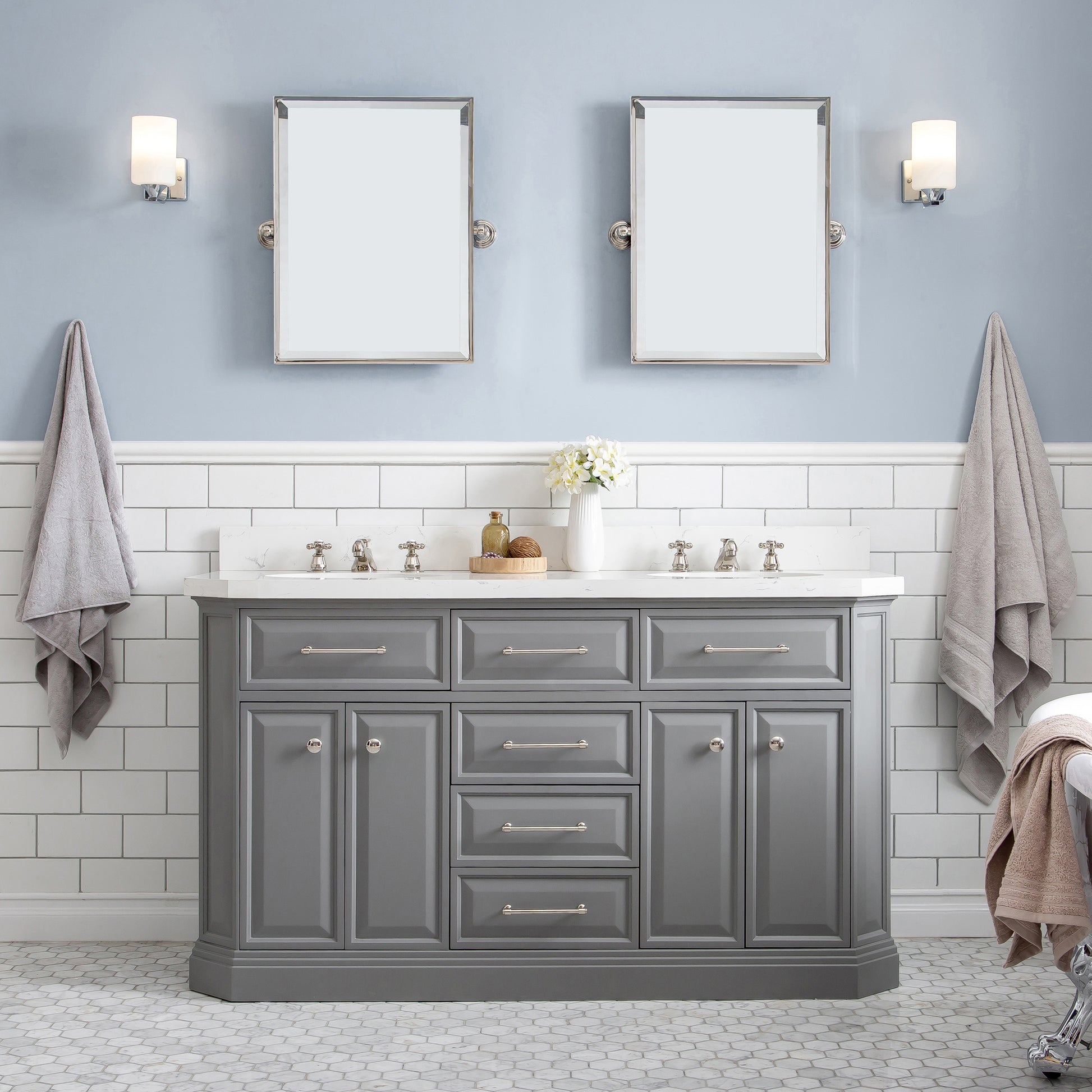 Palace 60 in. W Bath Vanity in Cashmere Grey with Quartz Vanity Top with White Basin | Water Creation