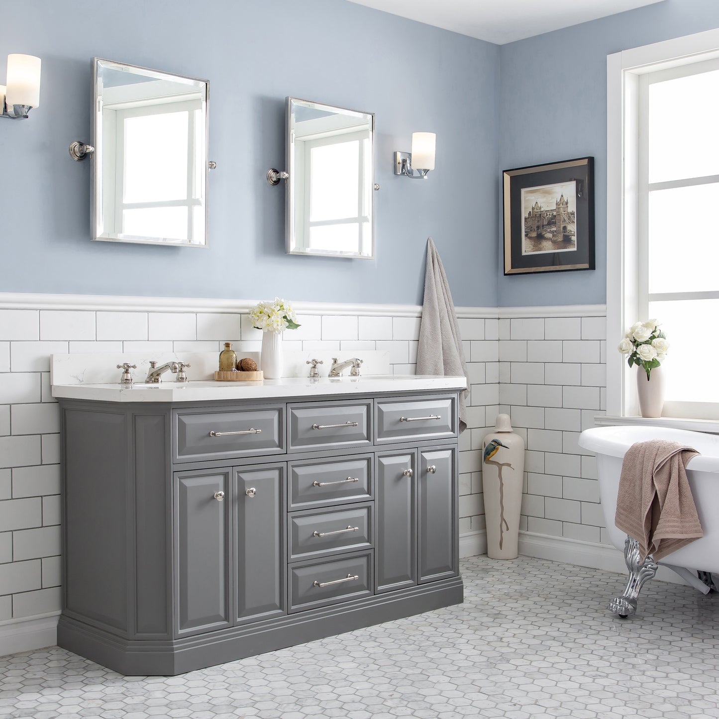 Palace 60 in. W Bath Vanity in Cashmere Grey with Quartz Vanity Top with White Basin | Water Creation