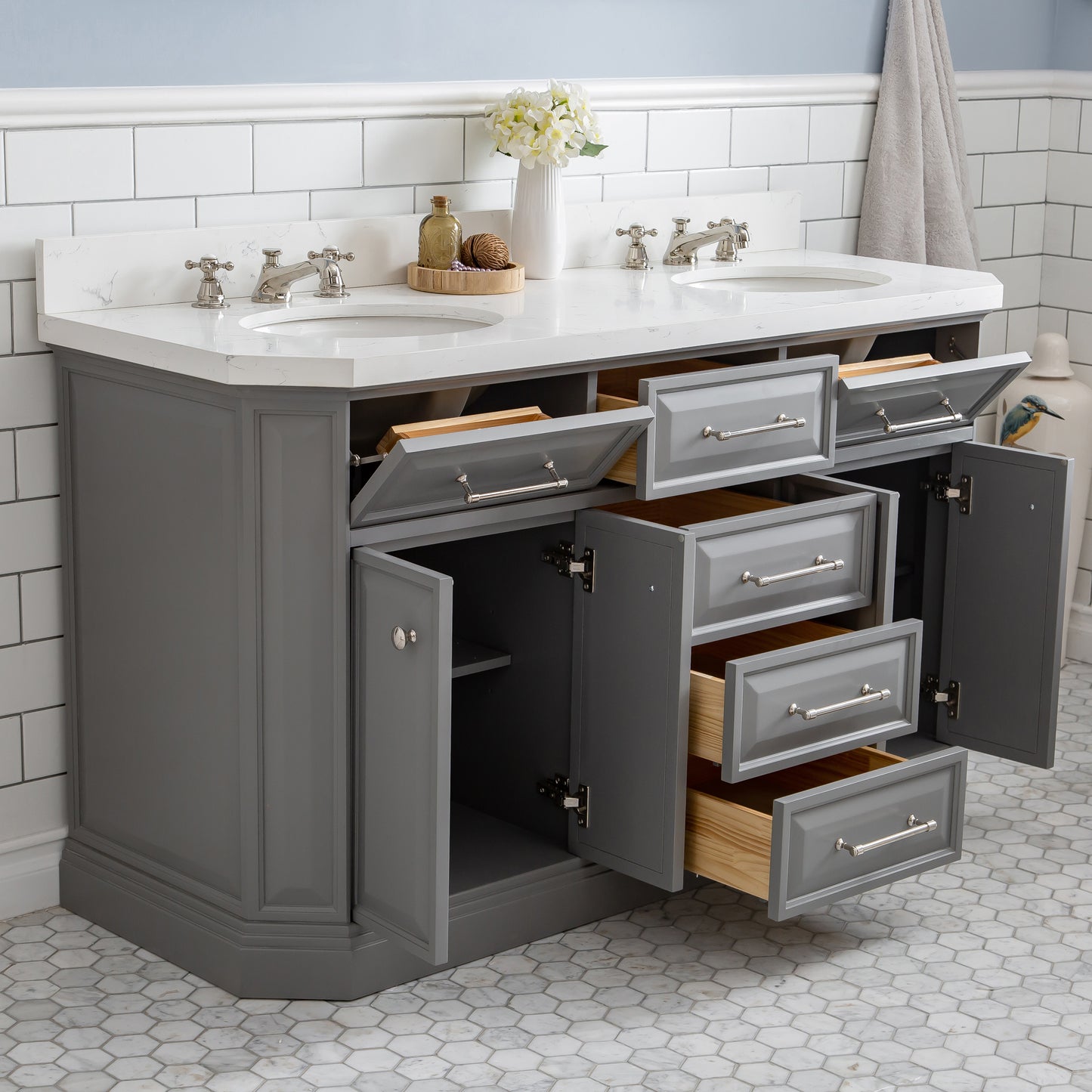 Palace 60 in. W Bath Vanity in Cashmere Grey with Quartz Vanity Top with White Basin | Water Creation