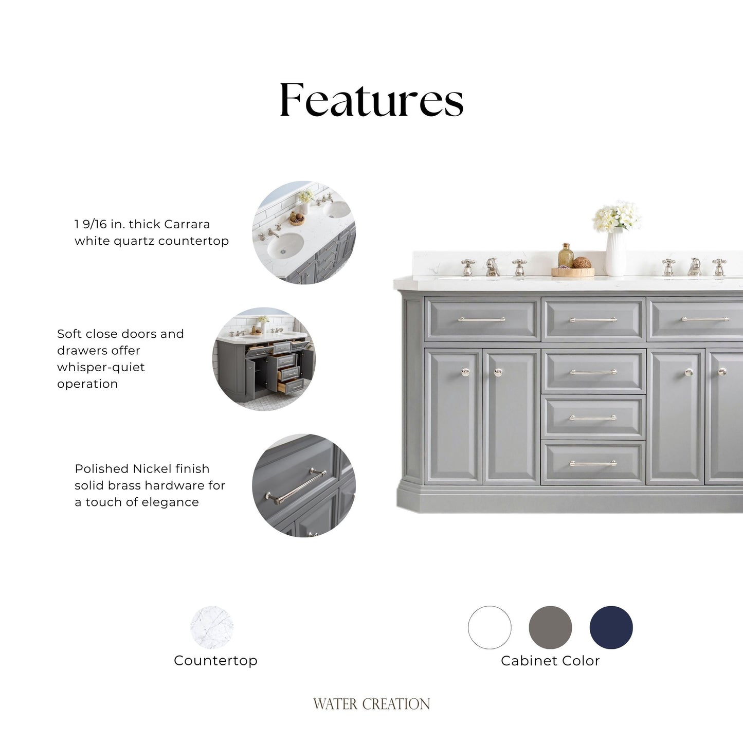 Palace 60 in. W Bath Vanity in Cashmere Grey with Quartz Vanity Top with White Basin | Water Creation