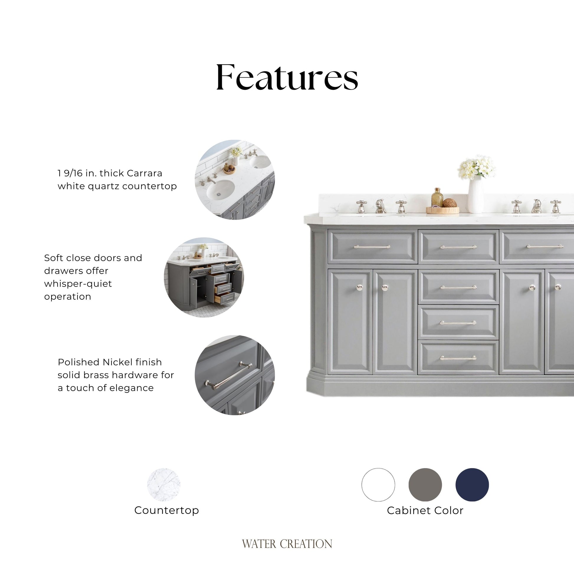 Palace 60 in. W Bath Vanity in Cashmere Grey with Quartz Vanity Top with White Basin | Water Creation