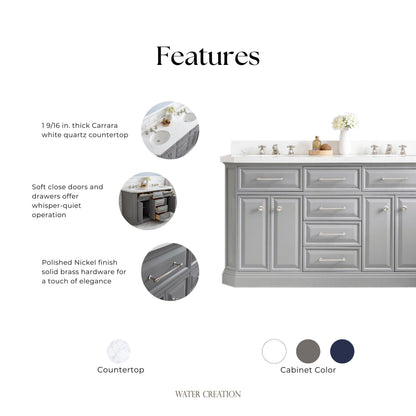 Palace 60 in. W Bath Vanity in Cashmere Grey with Quartz Vanity Top with White Basin | Water Creation