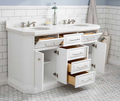 Palace 60 in. W Bath Vanity in Pure White with Quartz Vanity Top with White Basin | Water Creation