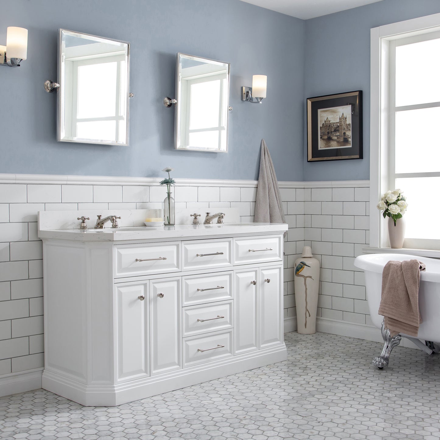 Palace 60 in. W Bath Vanity in Pure White with Quartz Vanity Top with White Basin | Water Creation