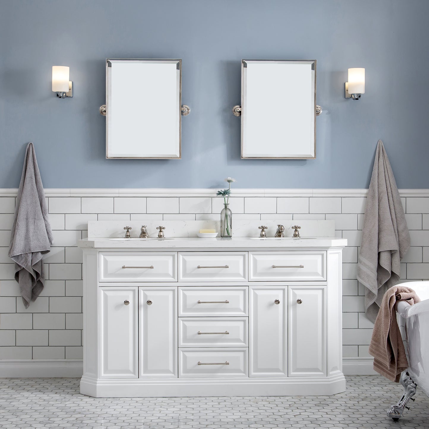 Palace 60 in. W Bath Vanity in Pure White with Quartz Vanity Top with White Basin | Water Creation