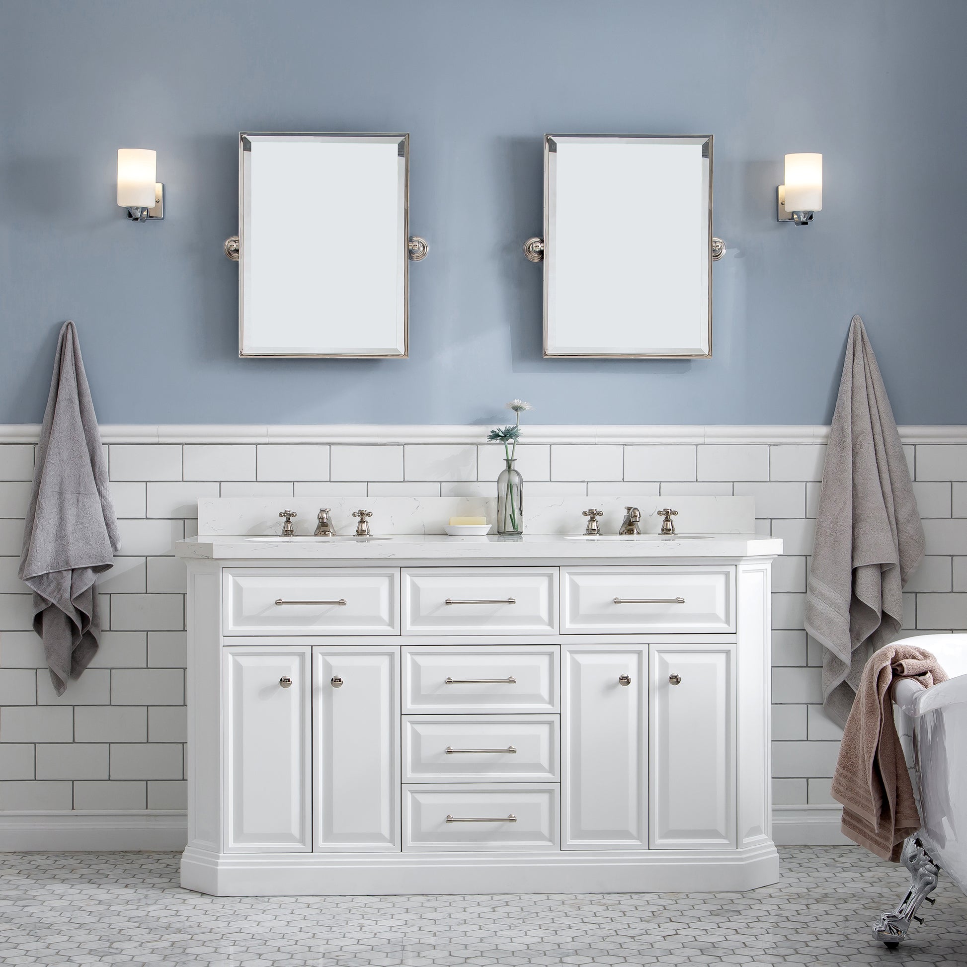 Palace 60 in. W Bath Vanity in Pure White with Quartz Vanity Top with White Basin | Water Creation