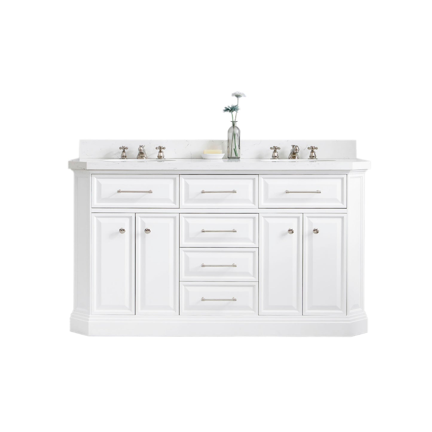 Palace 60 in. W Bath Vanity in Pure White with Quartz Vanity Top with White Basin | Water Creation