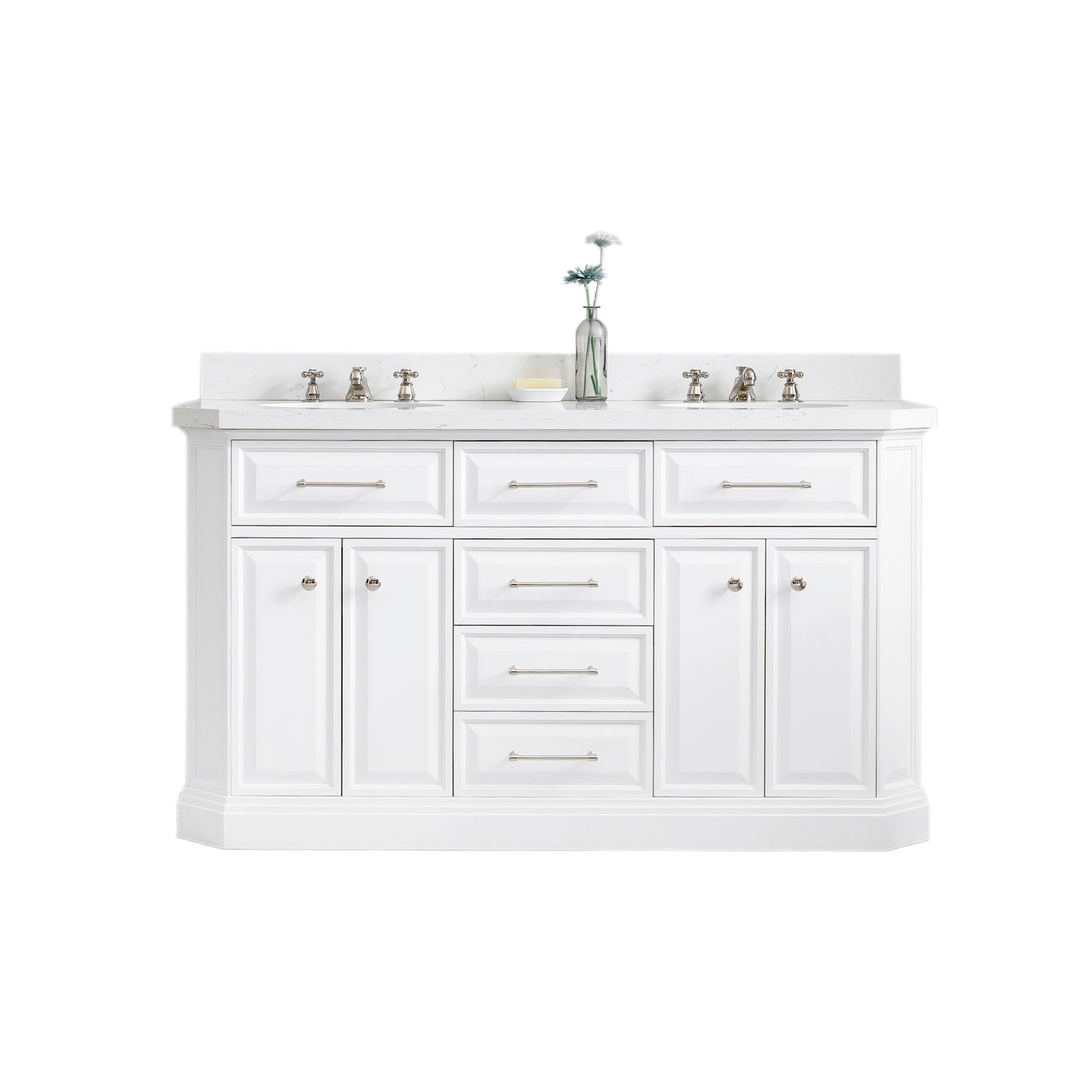 Palace 60 in. W Bath Vanity in Pure White with Quartz Vanity Top with White Basin | Water Creation