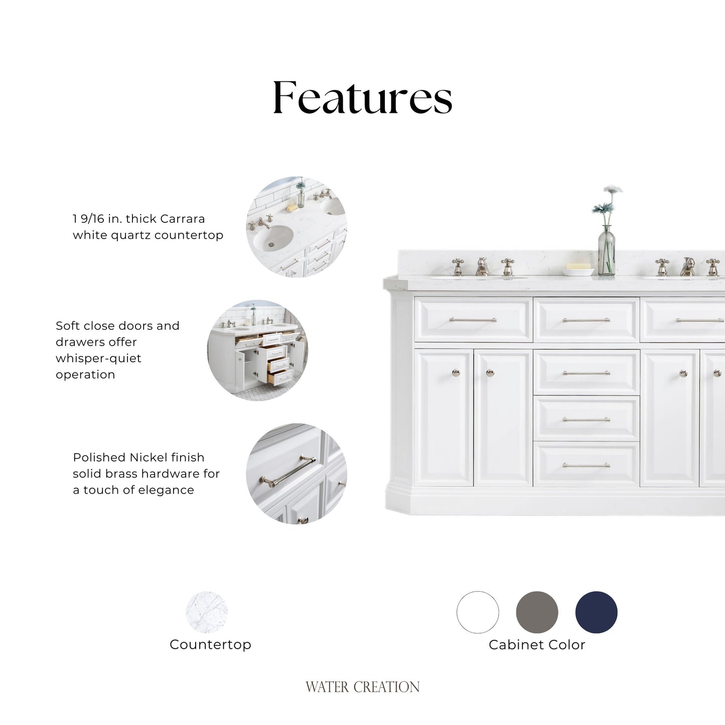Palace 60 in. W Bath Vanity in Pure White with Quartz Vanity Top with White Basin | Water Creation