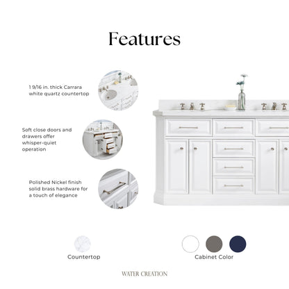 Palace 60 in. W Bath Vanity in Pure White with Quartz Vanity Top with White Basin | Water Creation