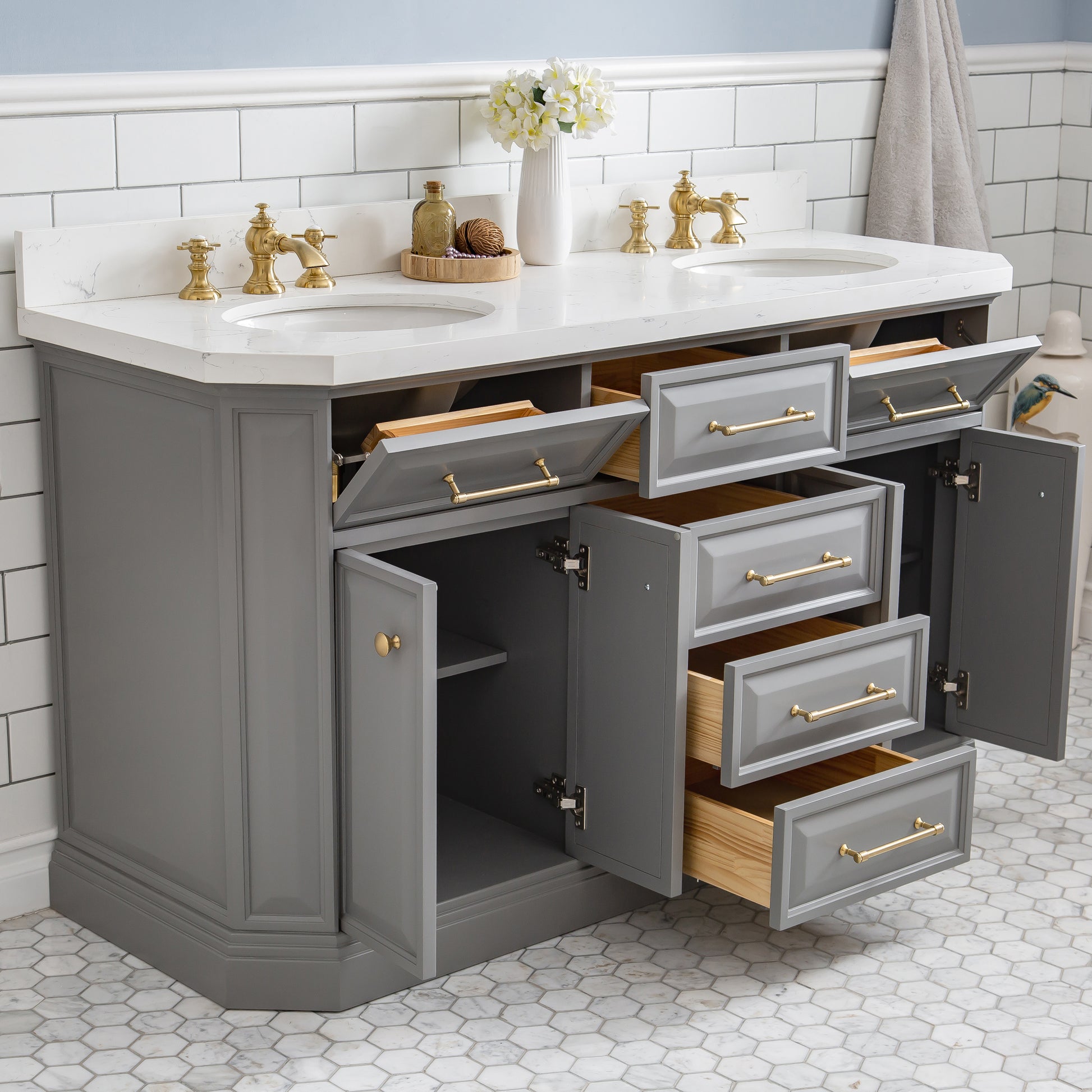 Palace 60 in. W Bath Vanity in Cashmere Grey with Quartz Vanity Top with White Basin | Water Creation