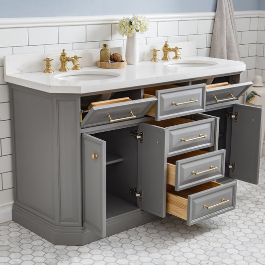Palace 60 in. W Bath Vanity in Cashmere Grey with Quartz Vanity Top with White Basin | Water Creation