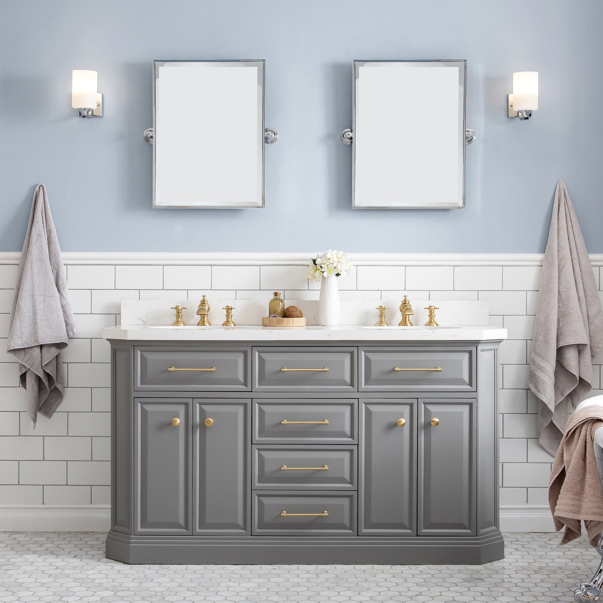 Palace 60 in. W Bath Vanity in Cashmere Grey with Quartz Vanity Top with White Basin | Water Creation