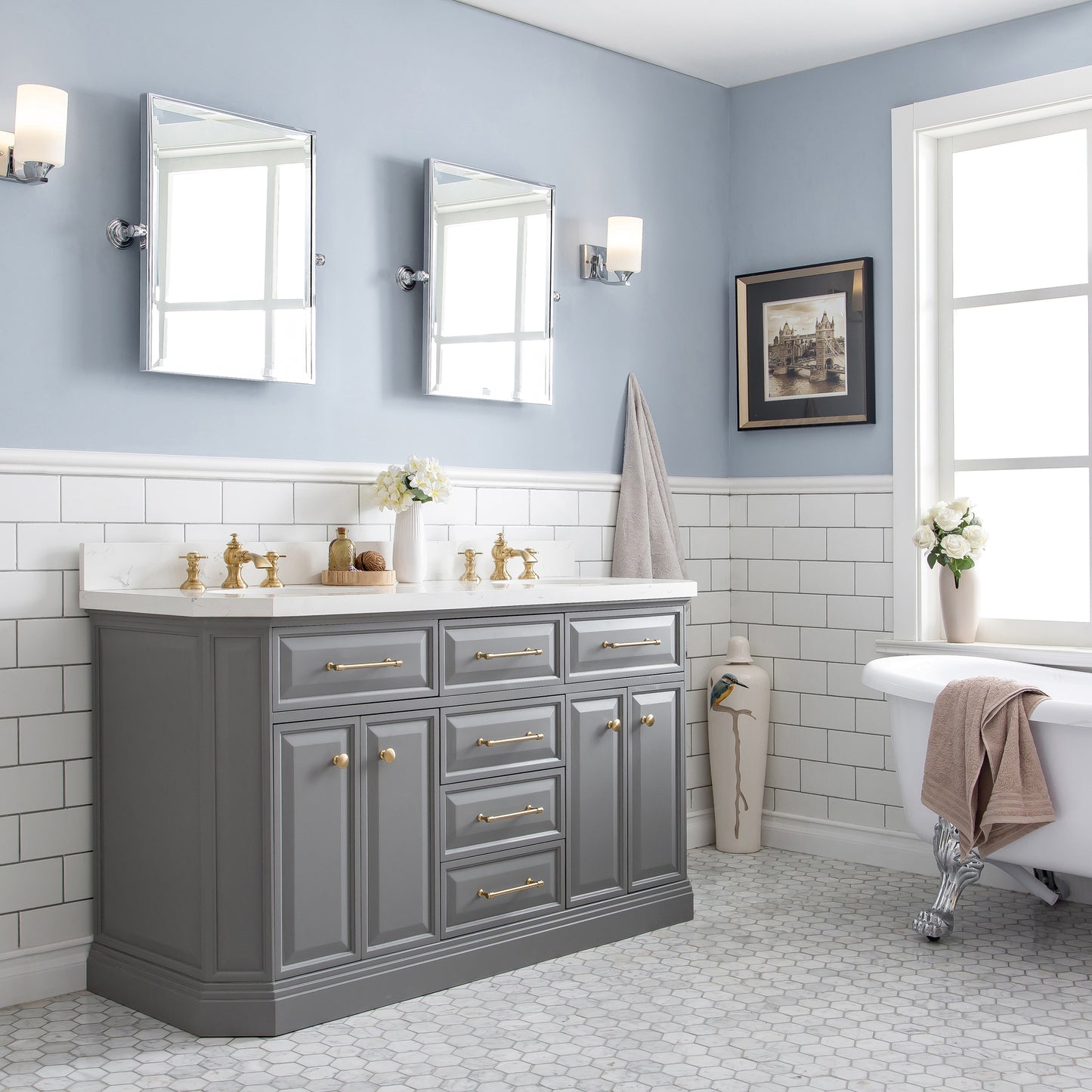 Palace 60 in. W Bath Vanity in Cashmere Grey with Quartz Vanity Top with White Basin | Water Creation