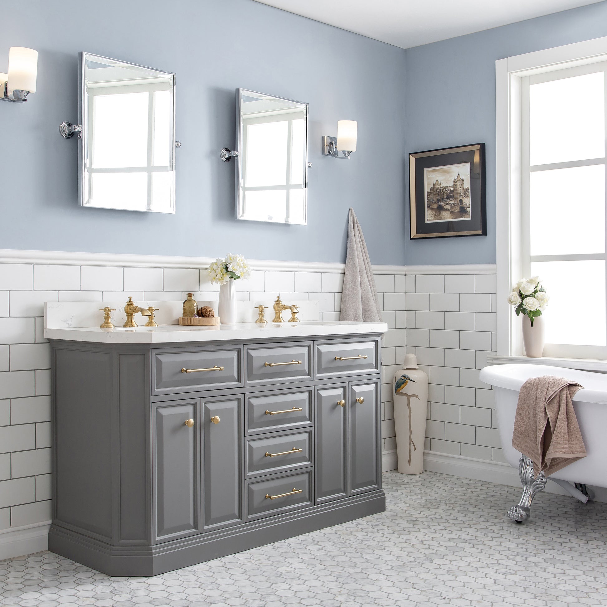 Palace 60 in. W Bath Vanity in Cashmere Grey with Quartz Vanity Top with White Basin | Water Creation