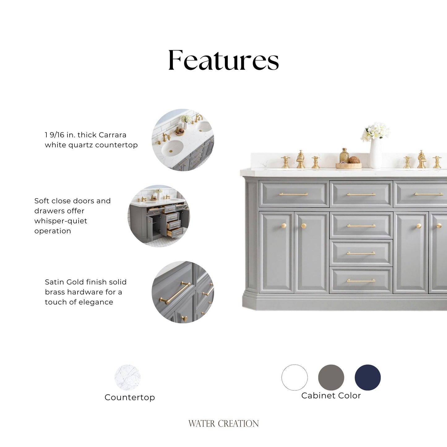 Palace 60 in. W Bath Vanity in Cashmere Grey with Quartz Vanity Top with White Basin | Water Creation