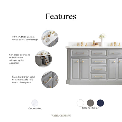 Palace 60 in. W Bath Vanity in Cashmere Grey with Quartz Vanity Top with White Basin | Water Creation