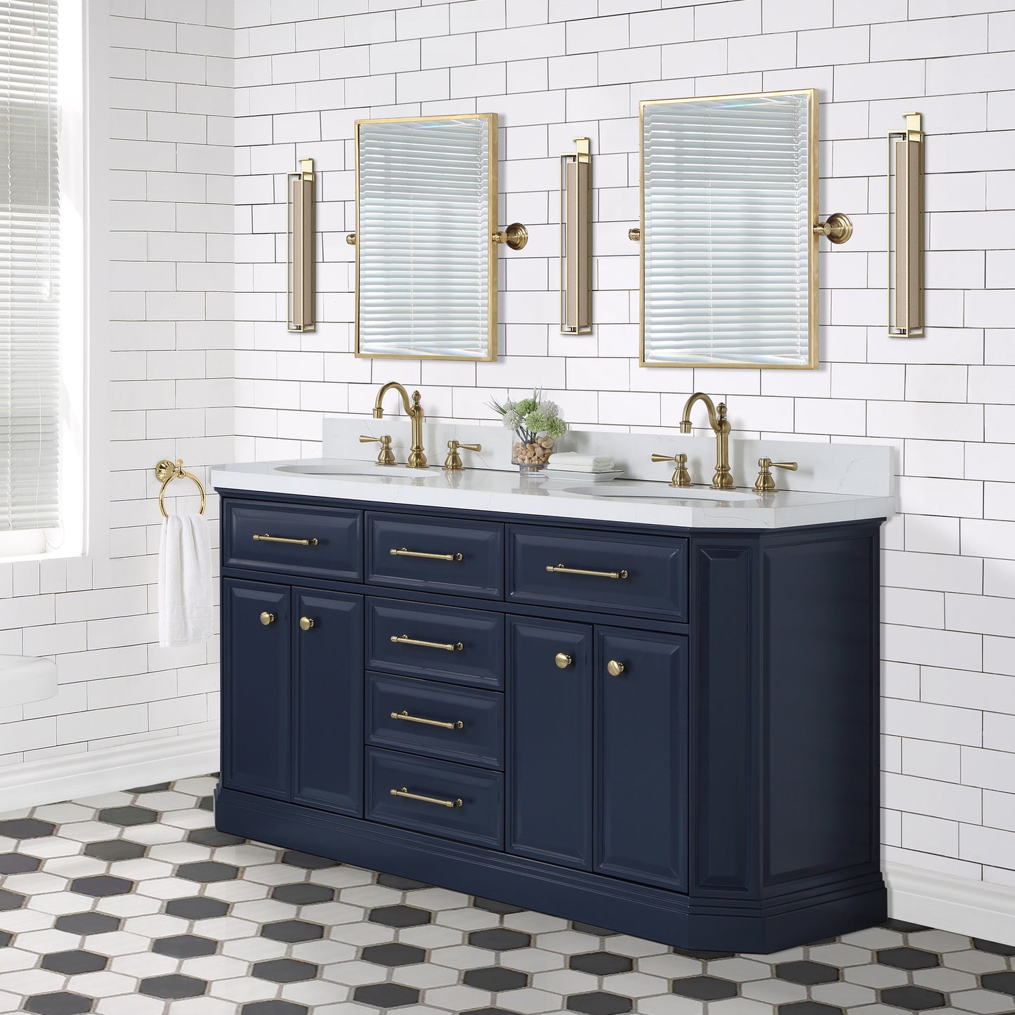 Palace 60 in. Vanity in Monarch Blue with Quartz Vanity Top in White with White Basins | Water Creation