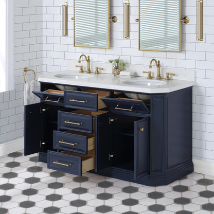 Palace 60 in. Vanity in Monarch Blue with Quartz Vanity Top in White with White Basins | Water Creation