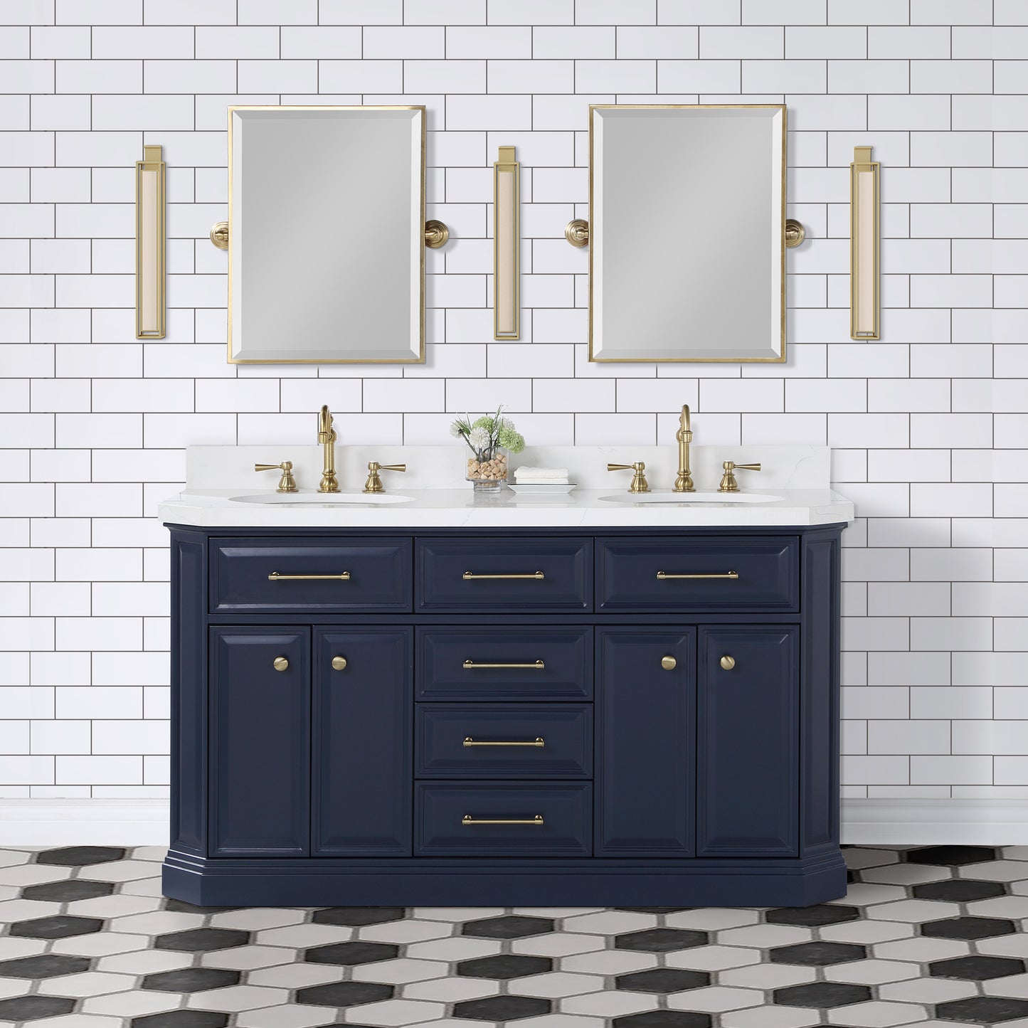 Palace 60 in. Vanity in Monarch Blue with Quartz Vanity Top in White with White Basins | Water Creation