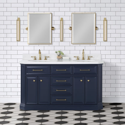 Palace 60 in. Vanity in Monarch Blue with Quartz Vanity Top in White with White Basins | Water Creation