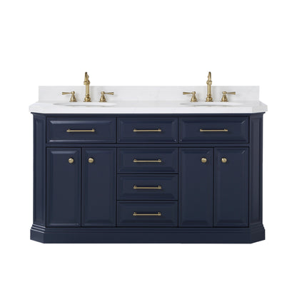 Palace 60 in. Vanity in Monarch Blue with Quartz Vanity Top in White with White Basins | Water Creation