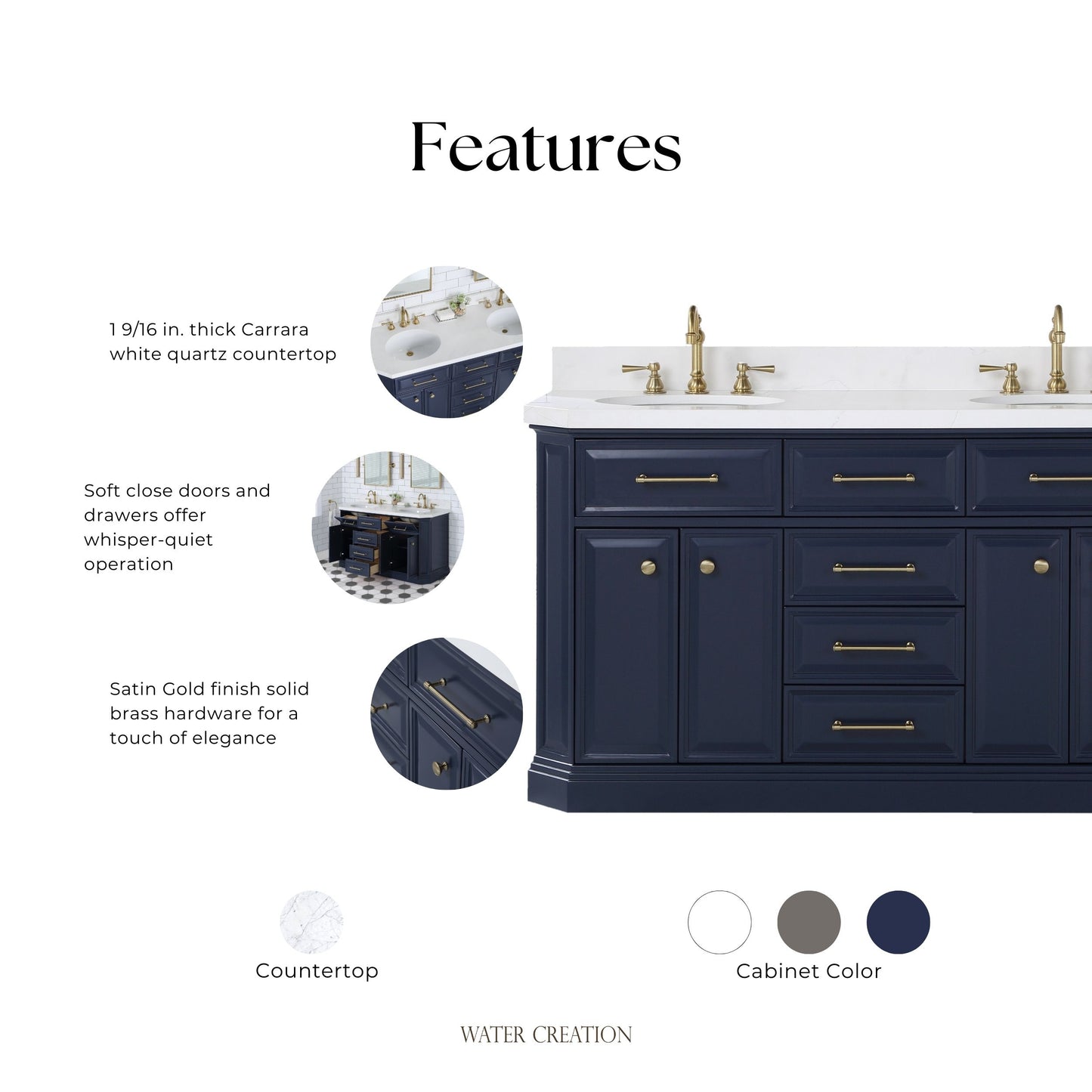 Palace 60 in. Vanity in Monarch Blue with Quartz Vanity Top in White with White Basins | Water Creation