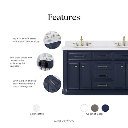 Palace 60 in. Vanity in Monarch Blue with Quartz Vanity Top in White with White Basins | Water Creation