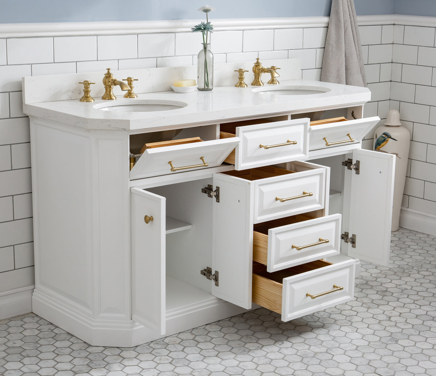 Palace 60 in. W Bath Vanity in Pure White with Quartz Vanity Top with White Basin | Water Creation