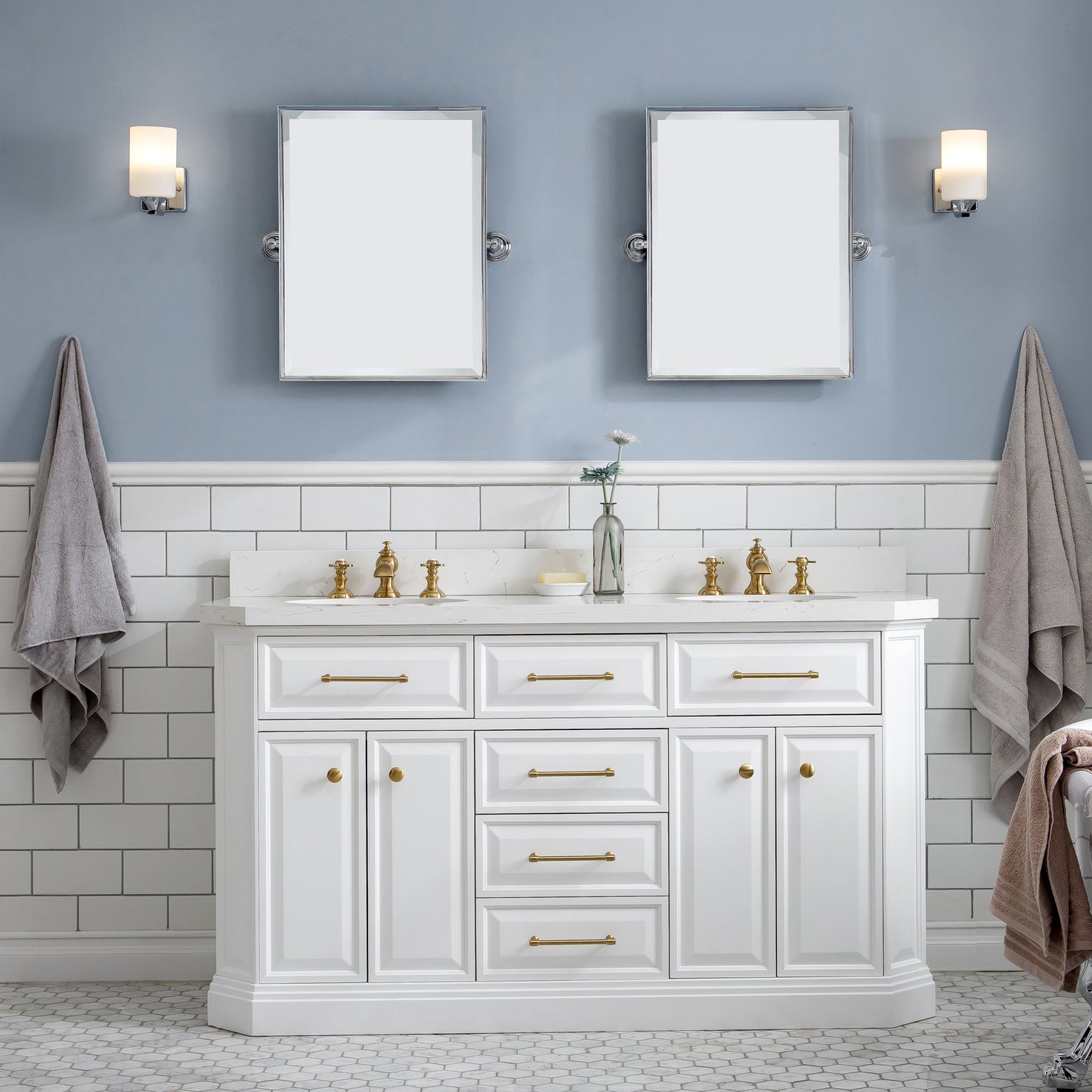 Palace 60 in. W Bath Vanity in Pure White with Quartz Vanity Top with White Basin | Water Creation