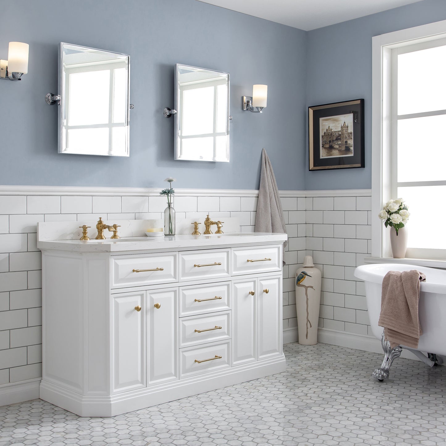 Palace 60 in. W Bath Vanity in Pure White with Quartz Vanity Top with White Basin | Water Creation