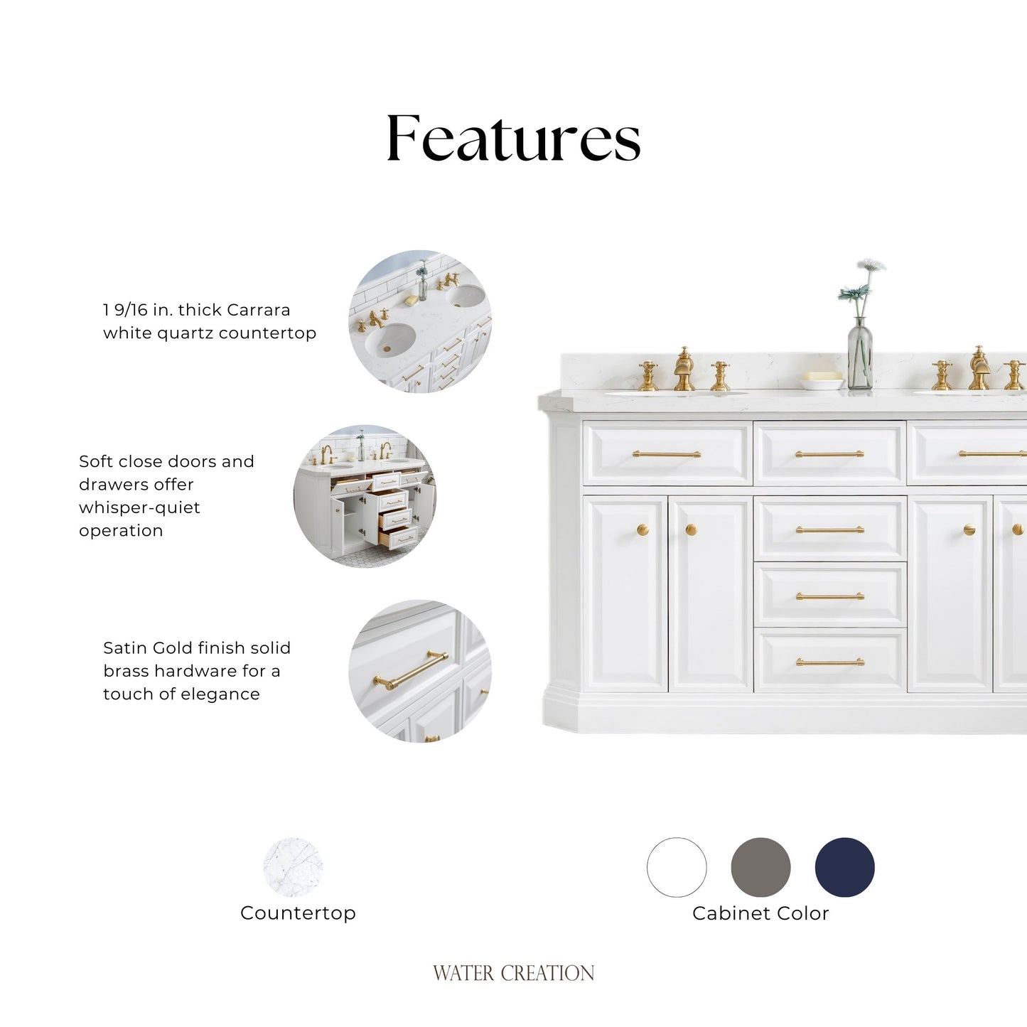 Palace 60 in. W Bath Vanity in Pure White with Quartz Vanity Top with White Basin | Water Creation