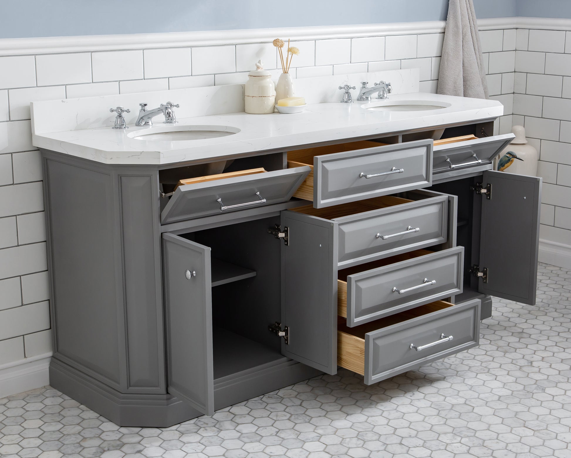 Palace 72 in. W Bath Vanity in Cashmere Grey with Quartz Vanity Top with White Basin | Water Creation