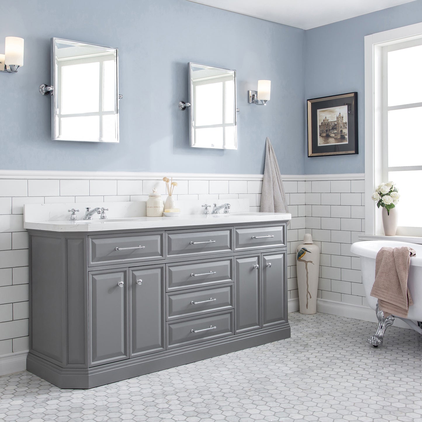 Palace 72 in. W Bath Vanity in Cashmere Grey with Quartz Vanity Top with White Basin | Water Creation