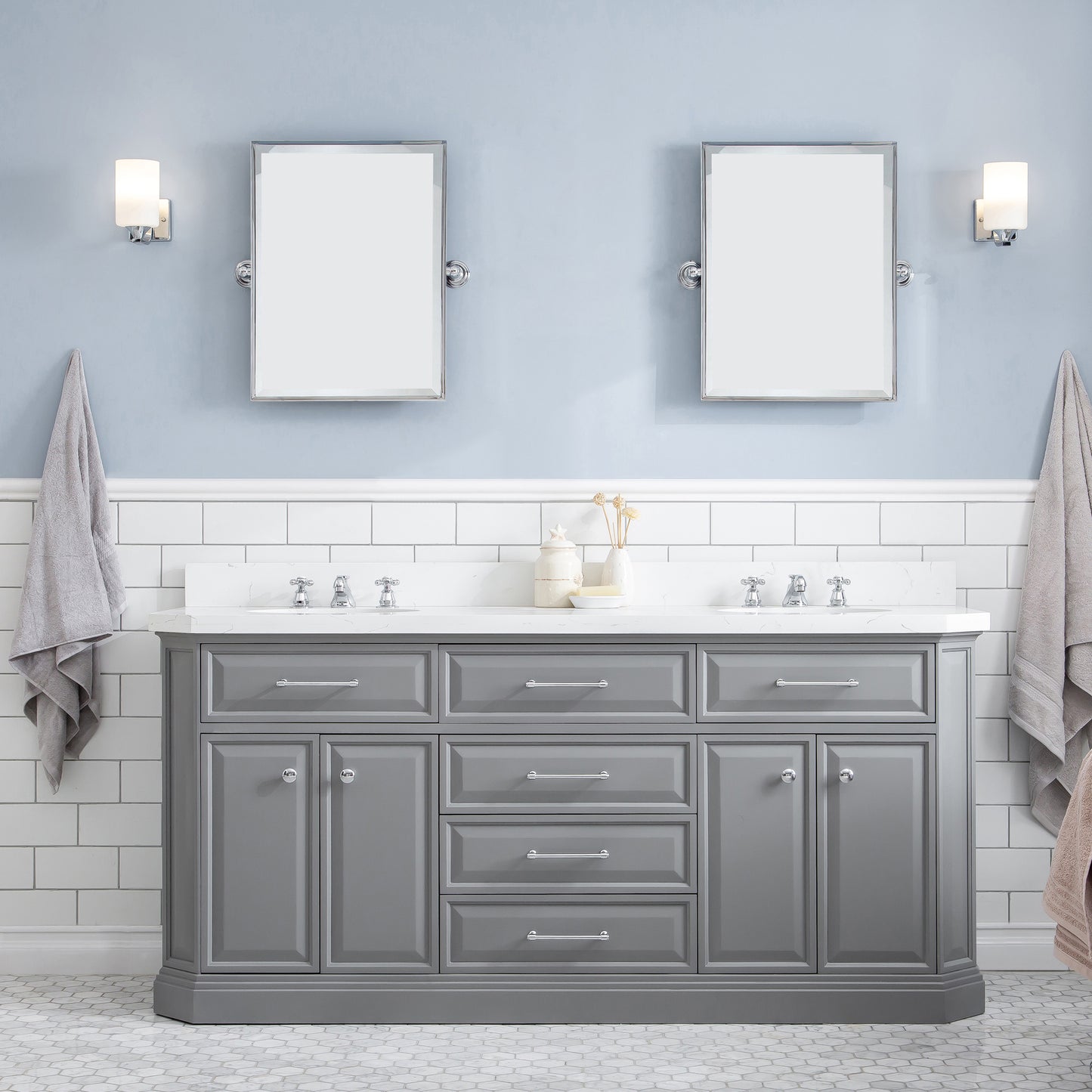 Palace 72 in. W Bath Vanity in Cashmere Grey with Quartz Vanity Top with White Basin | Water Creation