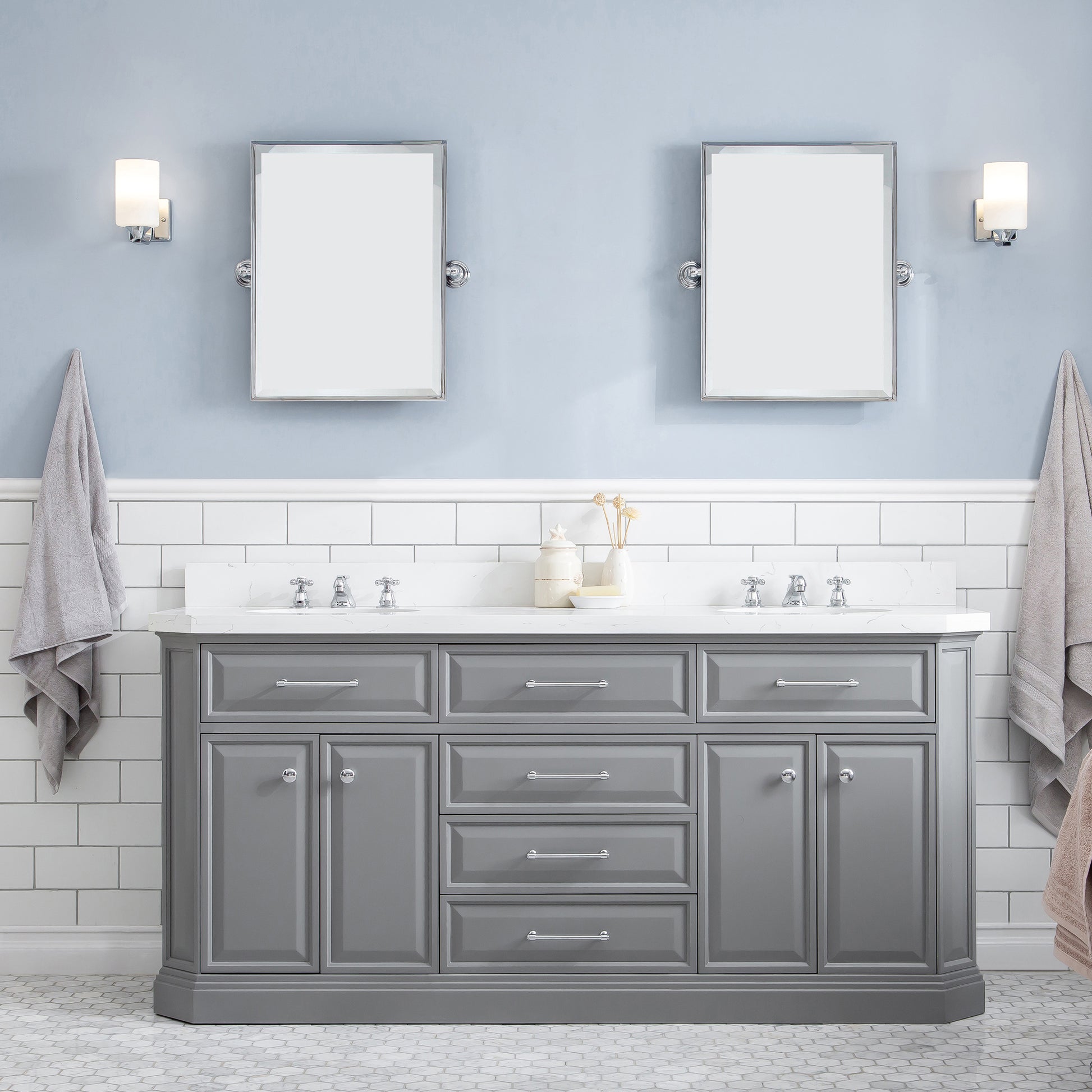 Palace 72 in. W Bath Vanity in Cashmere Grey with Quartz Vanity Top with White Basin | Water Creation