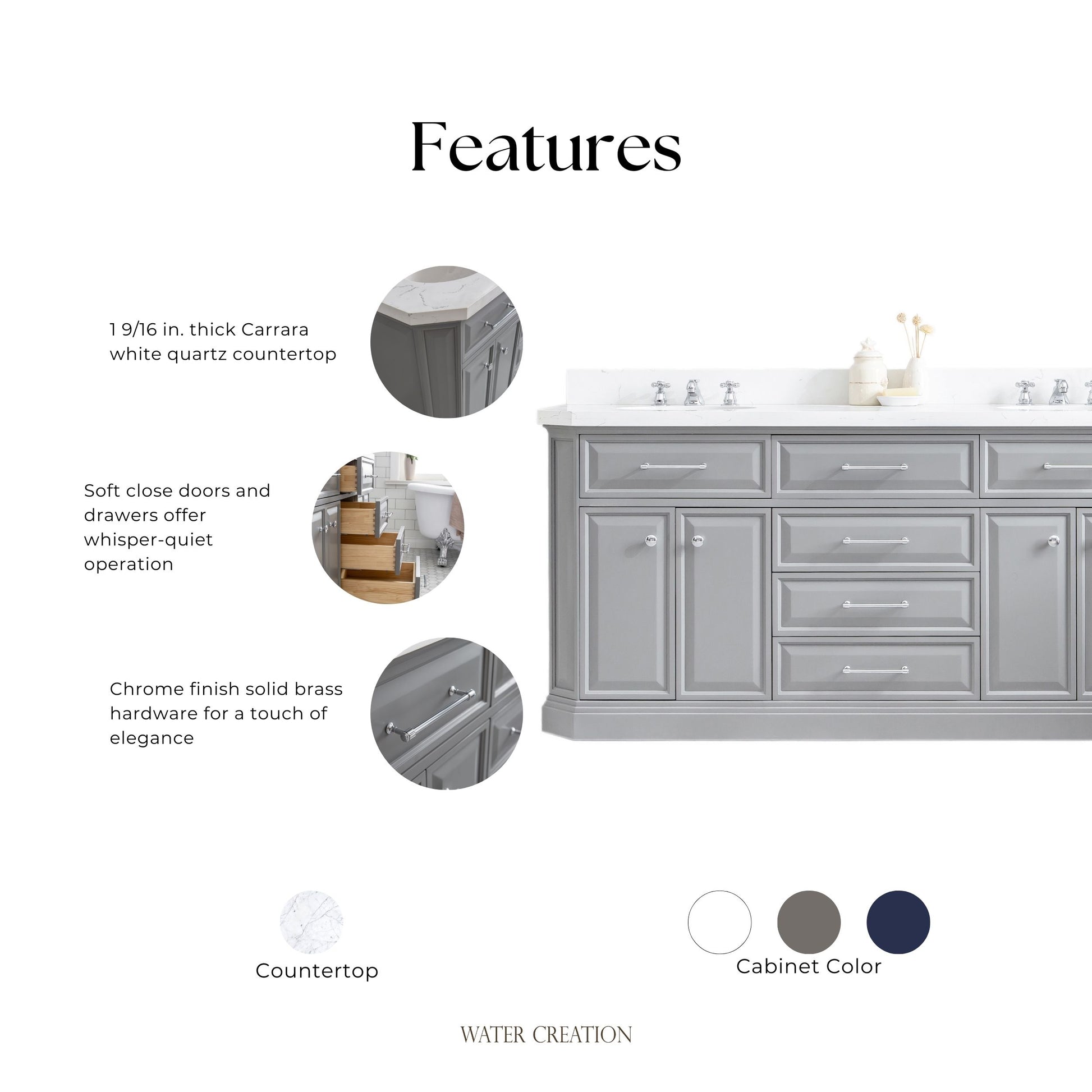 Palace 72 in. W Bath Vanity in Cashmere Grey with Quartz Vanity Top with White Basin | Water Creation