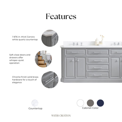 Palace 72 in. W Bath Vanity in Cashmere Grey with Quartz Vanity Top with White Basin | Water Creation