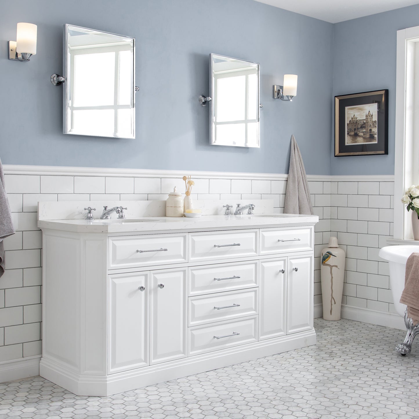 Palace 72 in. W Bath Vanity in Pure White with Quartz Vanity Top with White Basin | Water Creation