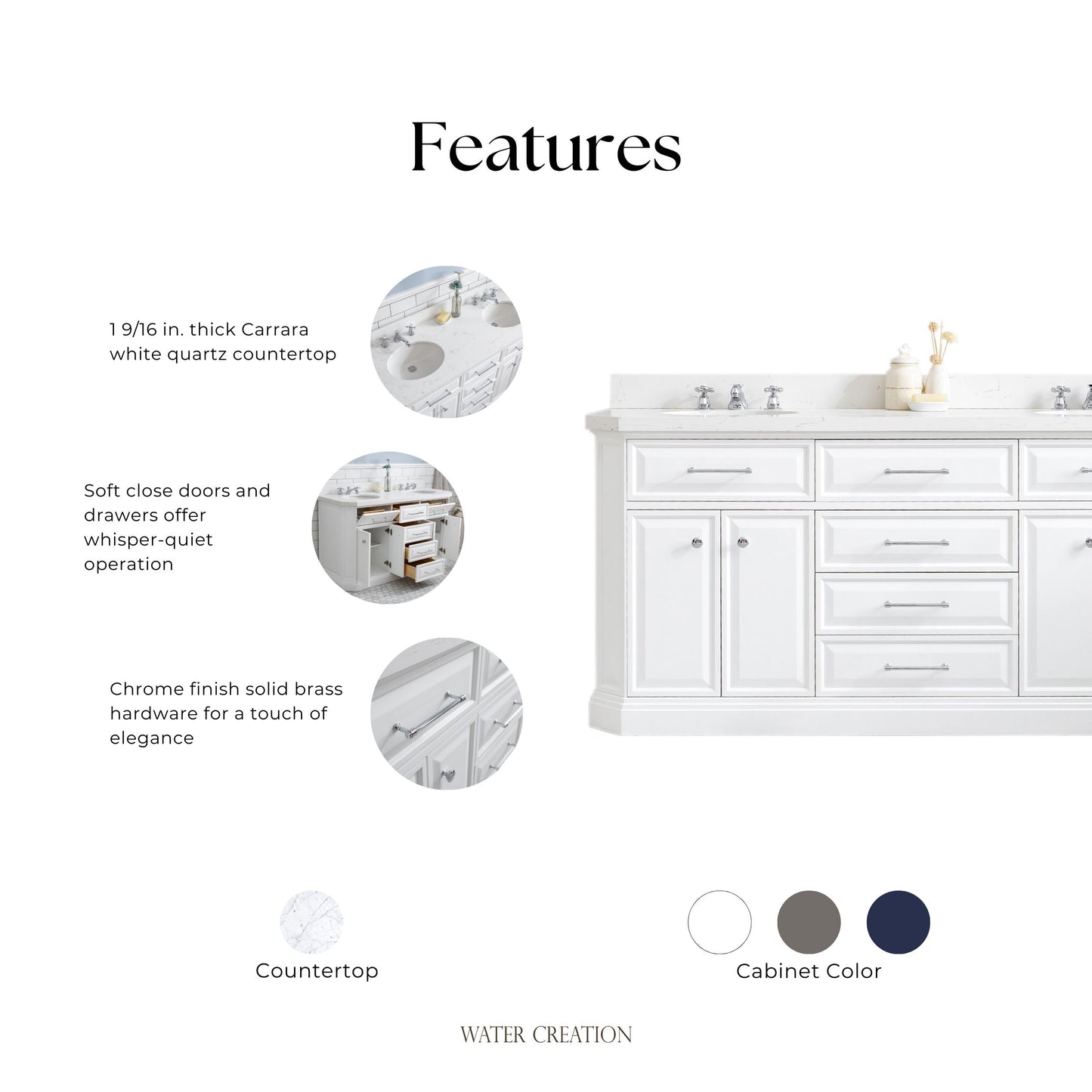 Palace 72 in. W Bath Vanity in Pure White with Quartz Vanity Top with White Basin | Water Creation
