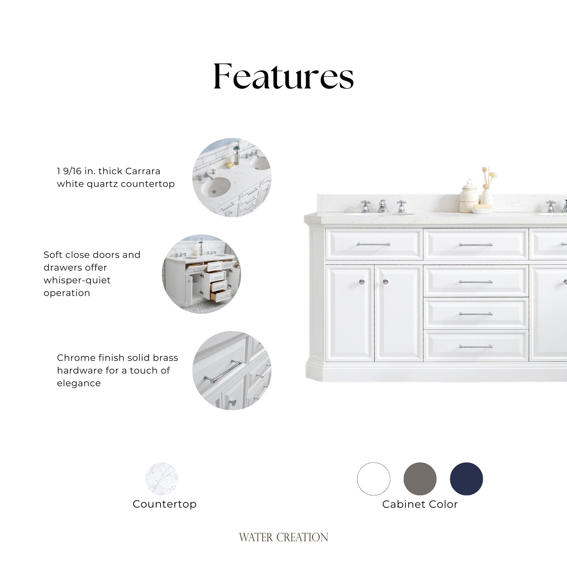 Palace 72 in. W Bath Vanity in Pure White with Quartz Vanity Top with White Basin | Water Creation