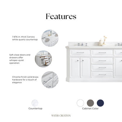 Palace 72 in. W Bath Vanity in Pure White with Quartz Vanity Top with White Basin | Water Creation