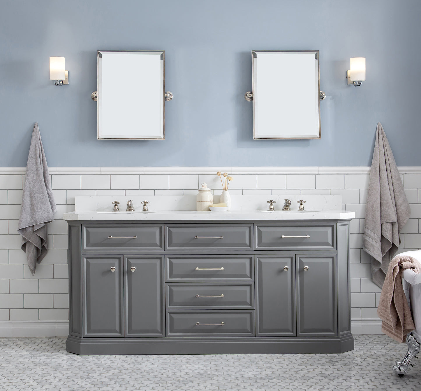 Palace 72 in. W Bath Vanity in Cashmere Grey with Quartz Vanity Top with White Basin | Water Creation