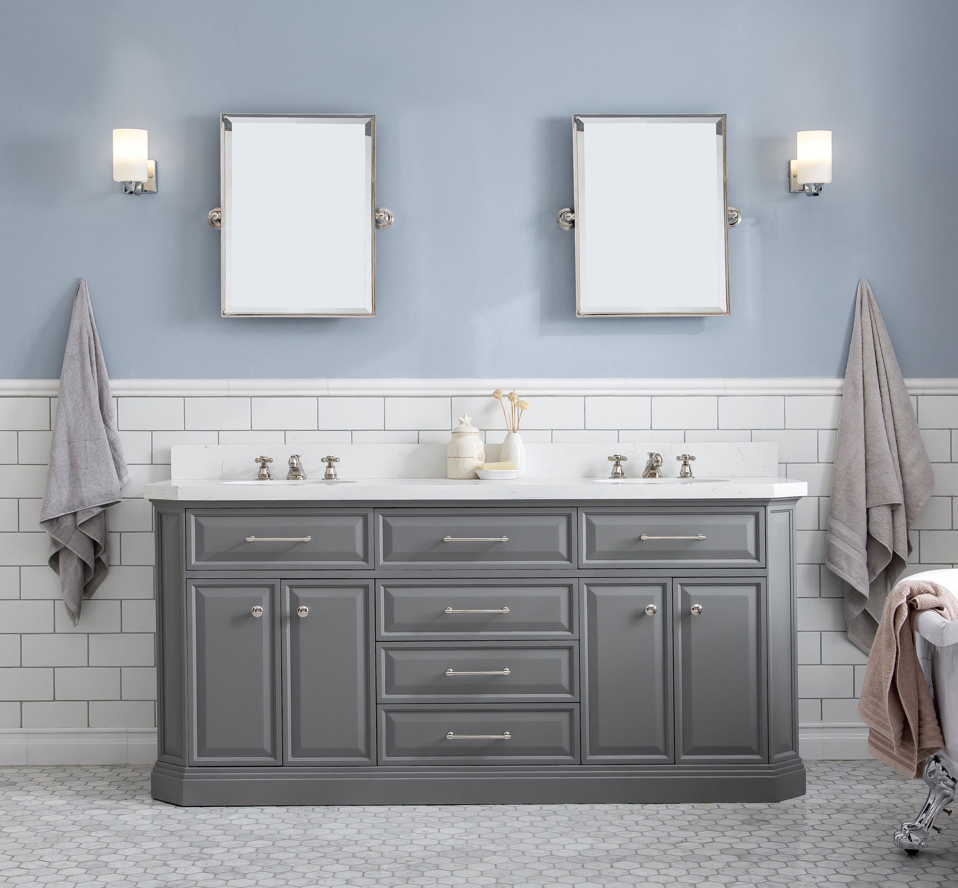 Palace 72 in. W Bath Vanity in Cashmere Grey with Quartz Vanity Top with White Basin | Water Creation