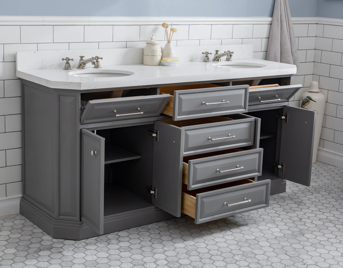Palace 72 in. W Bath Vanity in Cashmere Grey with Quartz Vanity Top with White Basin | Water Creation
