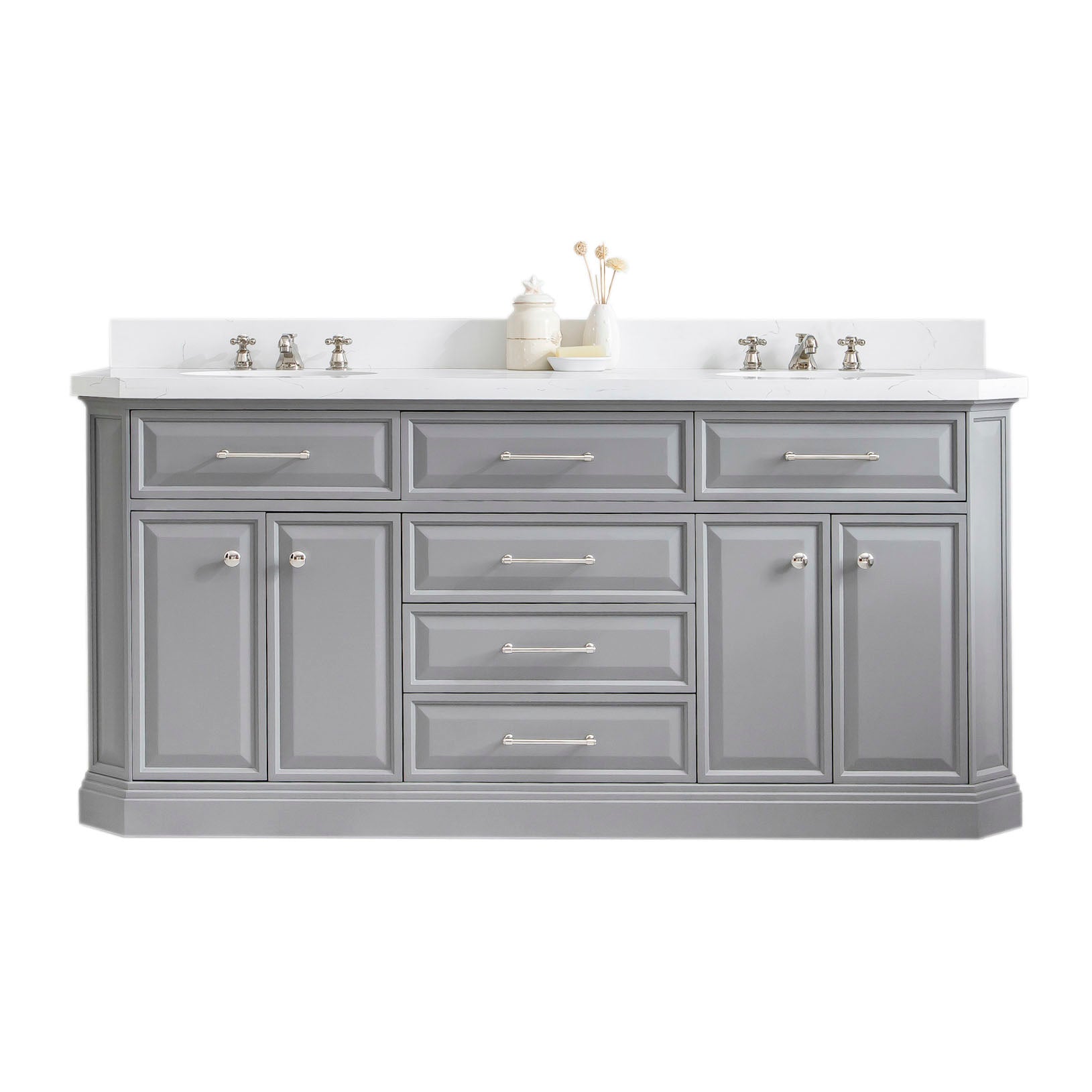 Palace 72 in. W Bath Vanity in Cashmere Grey with Quartz Vanity Top with White Basin | Water Creation
