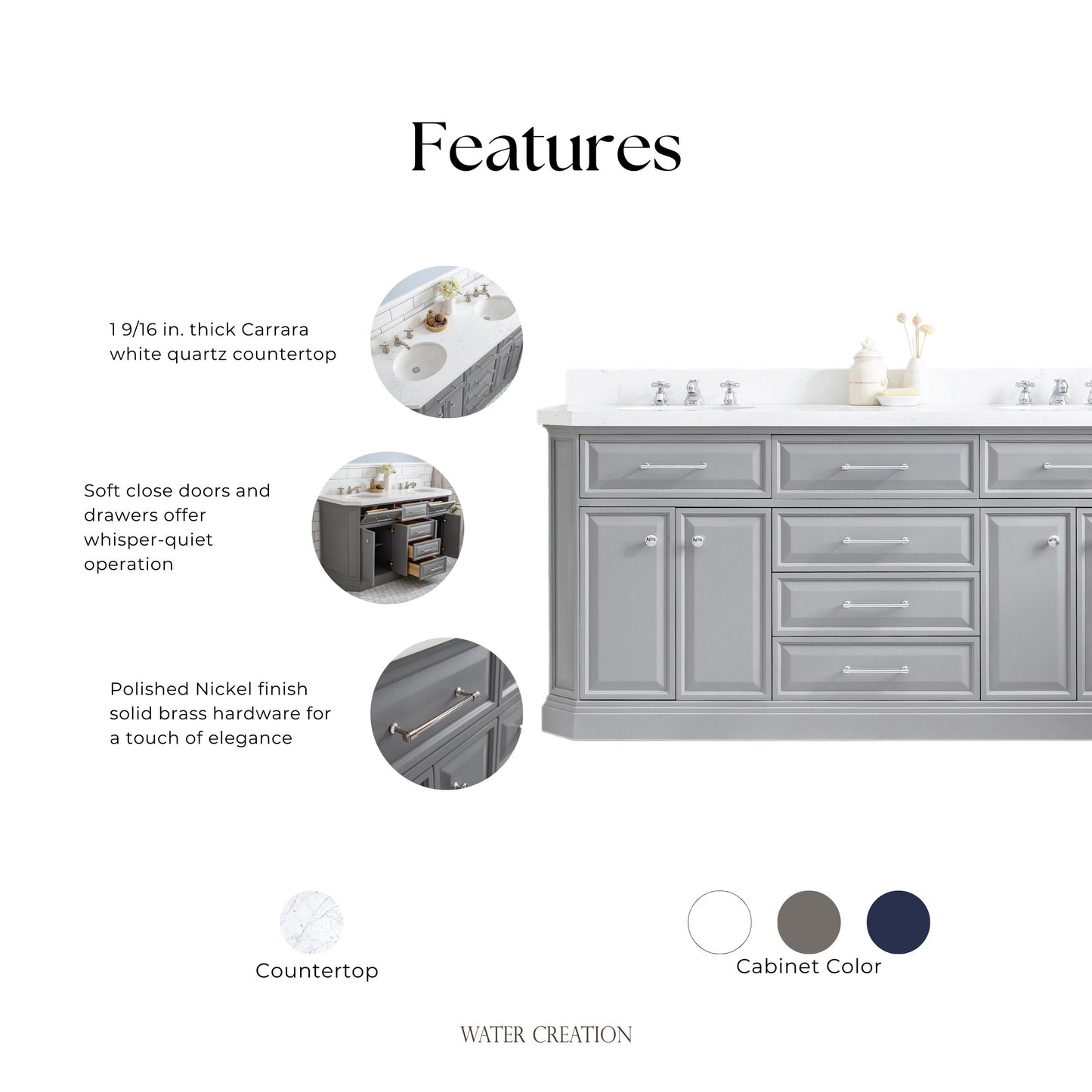 Palace 72 in. W Bath Vanity in Cashmere Grey with Quartz Vanity Top with White Basin | Water Creation