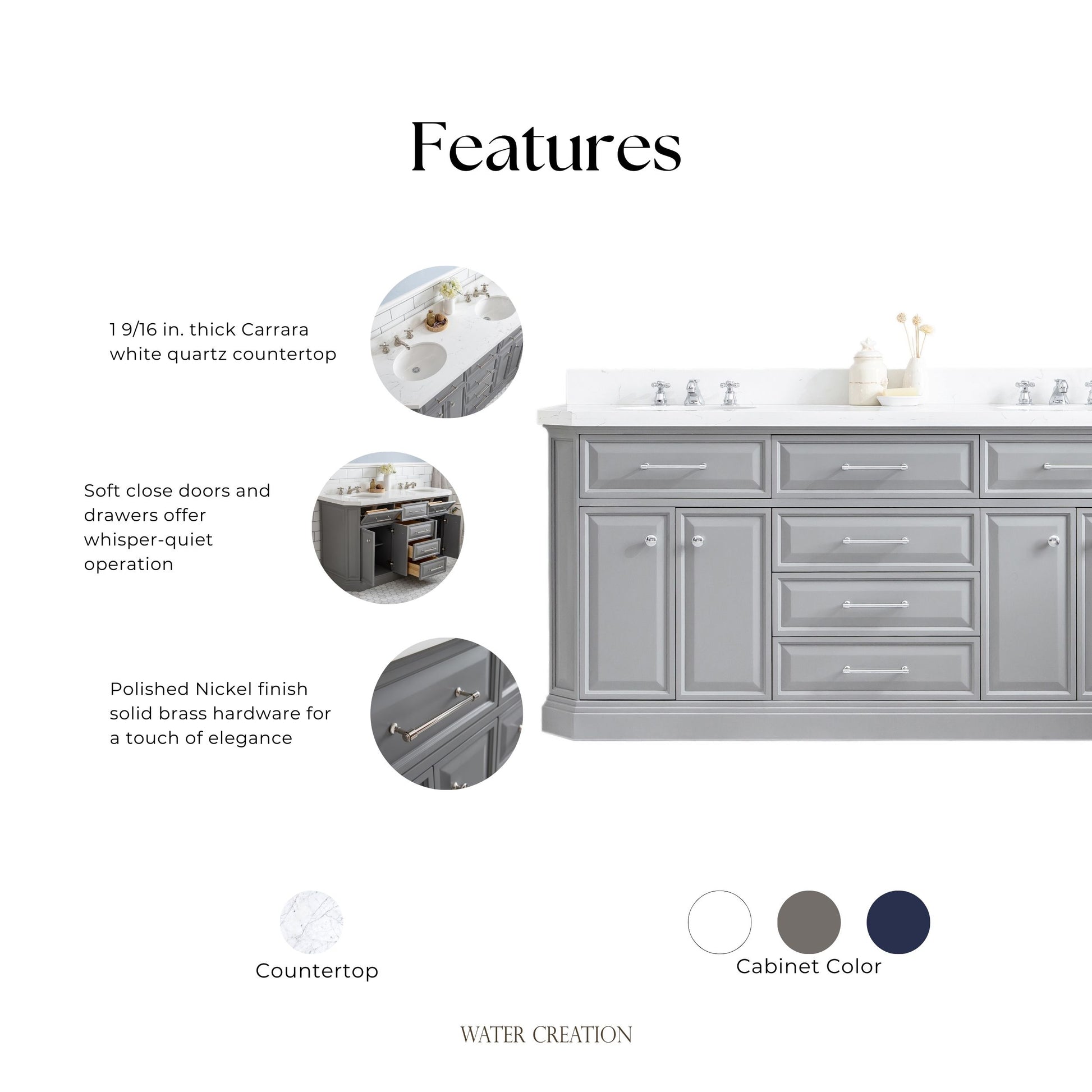 Palace 72 in. W Bath Vanity in Cashmere Grey with Quartz Vanity Top with White Basin | Water Creation